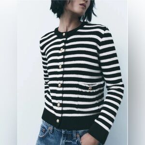 ZARA Black White Striped Nautical Cardigan Sweater Gold Anchor Buttons Sz XL
